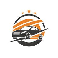 een auto met een ster embleem Aan de dak geparkeerd Aan de straat, een simplistisch logo ontwerp met een subtiel knikken naar de auto verhuur industrie vector