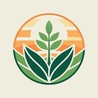 een groen blad is gepositioneerd Bij de centrum van een circulaire vorm geven aan, ambacht een minimalistische logo geïnspireerd door natuur, met biologisch elementen vector