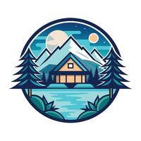 een cabine genesteld in de bossen met een sereen meer en torenhoog bergen in de achtergrond, ontwerp een minimalistische logo voor een oever van het meer toevlucht dat straalt uit kalmte vector