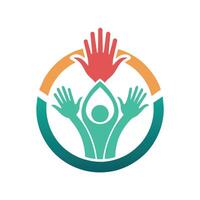 een logo met handen en een persoon Holding een bloem, symboliseert helpen en steun, een symbool voor een vrijwilliger groep dat vitrines helpen handen in een schoon, modern stijl vector