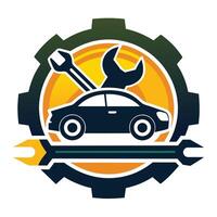 een auto met een moersleutel aan het liegen Aan het, symboliseert automotive reparatie, creëren een minimalistische beeld vertegenwoordigen automotive onderhoud vector