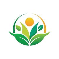 een groen blad logo reeks tegen een zonnig achtergrond, symboliseert harmonie tussen natuur en de zon, ontwerp een logo dat vertegenwoordigt de harmonie tussen natuur en mensen vector