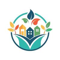 logo met huizen en bladeren ingesloten in een grens, ontwerp een gemakkelijk logo voor een gemeenschap bereik programma ondersteunen lokaal klein ondernemingen vector