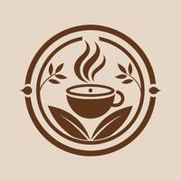 een kop van koffie omringd door een circulaire arrangement van bladeren Aan een tafel, ontwikkelen een gemakkelijk en elegant logo voor een fijnproever koffie winkel vector