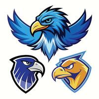 drie adelaars met onderscheiden kleuren - blauw, havik, en valk - staand samen, geïllustreerd blauw havik, adelaar, valk logos vector