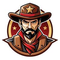 een Mens vervelend een cowboy hoed en sjaal, uitstralend een robuust western charme, geïllustreerd wild west cowboy logo vector
