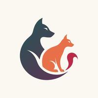 een kat en een vos zittend Aan top van elk andere in een gestileerde silhouet, een gestileerde silhouet van een kat en hond resting samen, minimalistische gemakkelijk modern logo ontwerp vector