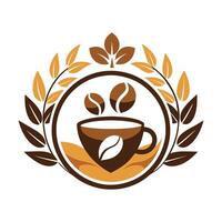 een koffie kop geplaatst te midden van groen bladeren creëren een natuurlijk instelling, incorporeren elementen van koffie cups en bonen in een gemakkelijk, minimalistische logo vector