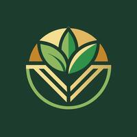 een minimalistische logo in groen en goud kleuren met een prominent blad ontwerp, ontwerp een minimalistische embleem voor een plantaardig voedsel verpakking merk vector