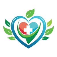 hart vorm gevulde met bladeren en een kruis symbool in de centrum, Gezondheid zorg logo reeks met hart vorm vector
