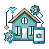 een modern huis met een telefoon en een uitrusting wiel, presentatie van technologie en connectiviteit in huis ontwerp, huis automatisering systeem logo ontwerp vector