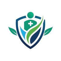 een groen blad en kruis gepositioneerd Aan top van een schild, creëren een embleem, produceren een schoon en elegant logo voor een Gezondheid verzekering bedrijf, benadrukkend eenvoud en duidelijkheid vector
