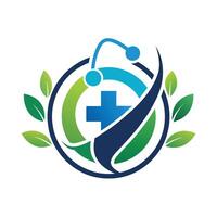 een logo met een kruis en bladeren, symboliseert gezondheidszorg en natuur, medisch tech logo ontwerpen sjabloon, gezondheidszorg logo ontwerpen vector