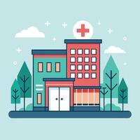 ziekenhuis gebouw met prominent rood kruis symbool Aan de dak, elegant grafisch van een ziekenhuis gebouw met subtiel medisch symbolen vector