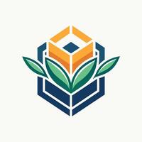 logo ontwerp met een kubus met elkaar verweven met groen bladeren, symboliseert groei en natuur, abstract meetkundig vormen vertegenwoordigen groei en stabiliteit vector