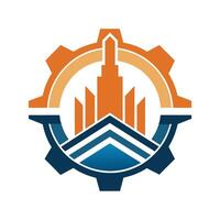 een minimalistische logo met oranje en blauw kleuren met een gebouw in de centrum, een minimalistische logo geïnspireerd door de schoonheid van fabricage processen en machinerie vector