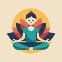 een vrouw zittend in een lotus positie met haar ogen Gesloten in een kalmte en gefocust manier, een rustgevend beeld van een vredig yoga klasse in sessie, minimalistische gemakkelijk modern logo ontwerp vector