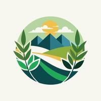 simplistisch groen en blauw logo met bergen net zo de achtergrond, een minimalistisch vertegenwoordiging van natuur, minimalistische gemakkelijk modern logo ontwerp vector