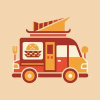 een voedsel vrachtauto is getoond portie een Hamburger en een vork in een bezig straat, een minimalistische logo gebruik makend van negatief ruimte naar slim incorporeren elementen van een voedsel vrachtauto vector