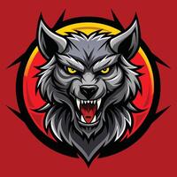 een stoutmoedig weerwolf logo met een wolven hoofd met opvallend geel ogen reeks tegen een levendig rood achtergrond, stoutmoedig weerwolf logo, impactvol vector