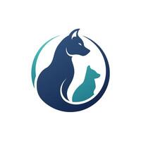een hond en een kat zijn zittend De volgende naar elk ander, vormen een cirkel vorm geven aan, een subtiel silhouet van een kat en hond samen, minimalistische gemakkelijk modern logo ontwerp vector