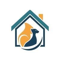 een logo met een hond en een kat binnen een huis, symboliseert gezelschap en huis, abstract vertegenwoordiging van een hart en huisdier in negatief ruimte vector