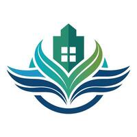 logo van een huis met water golven in de omgeving van het, symboliseert een verbinding naar natuur en water elementen, een elegant en ingetogen logo voor een het nieuwste van het nieuwste ziekenhuis vector