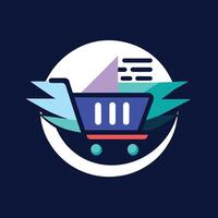 een boodschappen doen kar met een directioneel pijl weergegeven in de midden, wijzend op beweging of navigatie binnen een online boodschappen doen platform, een strak en minimalistische ontwerp voor een online boodschappen doen platform vector