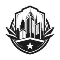zwart en wit logo van een stad, met modern stedelijk elementen in een strak ontwerp, ontwerp een strak embleem voor een vooruit denken stedelijk ontwerp bedrijf, gebruik makend van een monochromatisch kleur palet vector
