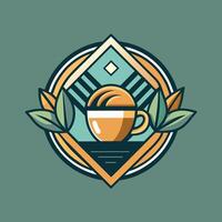 een kop van koffie zit Aan een tafel met bladeren verspreide in de omgeving van het, ontwikkelen een modern logo voor een modieus koffie winkel, minimalistische gemakkelijk modern logo ontwerp vector