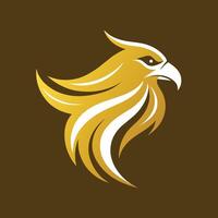 een geel en wit vogel van prooi staat Aan een bruin achtergrond in een minimalistische en modern ontwerp, gouden adelaar logo, minimalistische gemakkelijk modern logo ontwerp vector