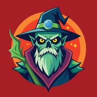een illustratie van een dreigend tovenaar Holding een hoed en personeel, presentatie van donker magie, illustratie grafisch, zombie onheil tovenaar logo vector