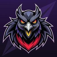 een zwart vogel met rood ogen staat uit tegen een levendig Purper achtergrond, intimiderend eng kraai logo mascotte, opvallend vector