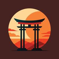 een minimalistische illustratie van een Japans torii poort aftekenen tegen een zonsondergang lucht, Japans torii poort zonsondergang gemakkelijk logo, minimalistische gemakkelijk modern logo ontwerp vector