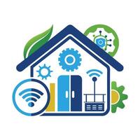 een groen blad rust Aan de dak van een huis, toevoegen een tintje van natuur naar de stedelijk instelling, huis automatisering systeem logo ontwerp vector