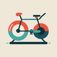 een spinnen fiets met een kenmerkend oranje en blauw wiel, klaar voor een training sessie, spinnen fiets en roeien machine koppelen, minimalistische gemakkelijk modern logo ontwerp vector