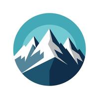een berg top gedekt in sneeuw omsingeld door een blauw cirkel onder een koel kleur palet, met sneeuw bedekt berg reeks in een koel kleur palet, minimalistische gemakkelijk modern logo ontwerp vector