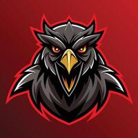 een zwart adelaar met rood ogen staand stoutmoedig tegen een levendig rood achtergrond, intimiderend eng kraai logo mascotte, opvallend vector