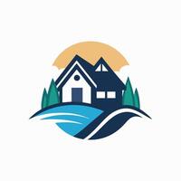 een huis neergestreken Aan een heuvel met uitzicht bomen en een rivier, abstract waterdruppel logo ontwerp illustratie sjabloon vector