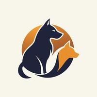 een hond en een kat zijn zittend samen in een circulaire vorming, strak logo met een silhouet van een kat en hond, minimalistische gemakkelijk modern logo ontwerp vector