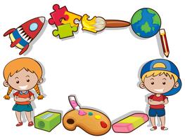 Grensontwerp met gelukkige kinderen en speelgoed vector