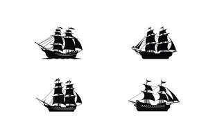 silhouet van een piraat schip set, piraat boten en oud verschillend houten schepen met fladderend vlaggen reeks vector