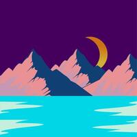 bergen en meer met maan illustratie in vlak stijl vector
