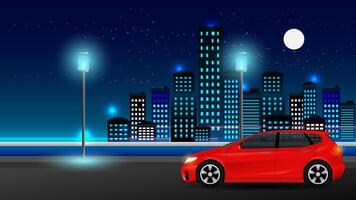 stadsgezicht panoramisch nacht tijd of stad horizon of stad horizon nacht met rood auto voorgrond. stad scape met lucht schraper gebouw blauw licht kleur landschap. vector
