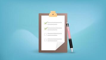 checklist Aan een klembord papier met pen 3d stijl illustratie. bedrijf concept checklist Aan blauw achtergrond. vector