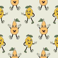 een naadloos patroon met grappig, schattig en glimlachen Peer en citroen karakter in een groovy stijl vector