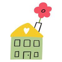 voorjaar seizoen. een weinig huis met een bloem. hand- getrokken vlak ontwerp. illustratie Aan wit achtergrond. vector