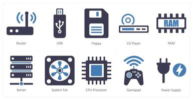 een reeks van 10 computer onderdelen pictogrammen net zo router, USB, floppy vector