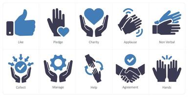 een reeks van 10 handen pictogrammen net zo Leuk vinden, belofte, liefdadigheid vector