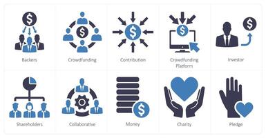 een reeks van 10 crowdfunding pictogrammen net zo donateurs, crowdfunding, bijdrage vector